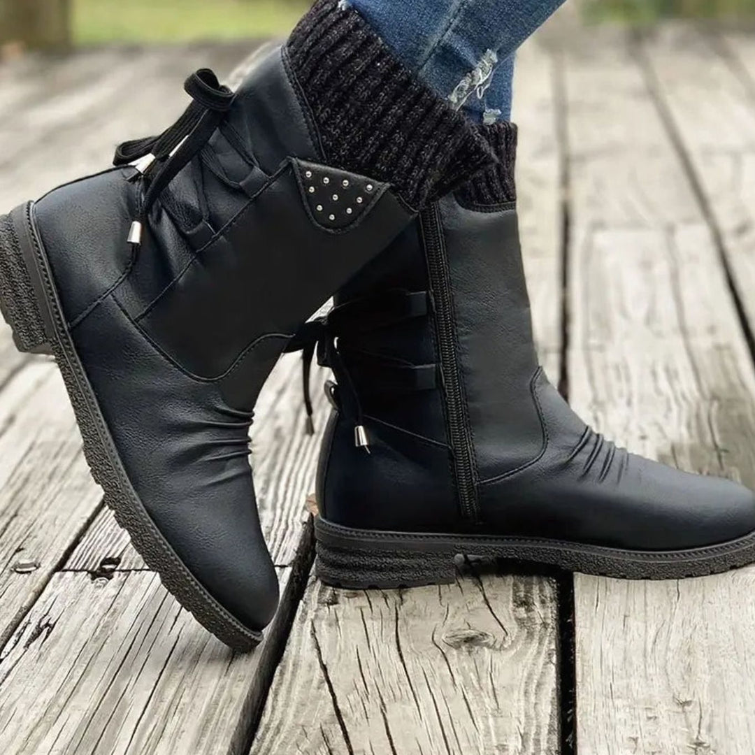 Women's Black Chelsea Boots Chunky Heel Lace-Up Side Zipper
