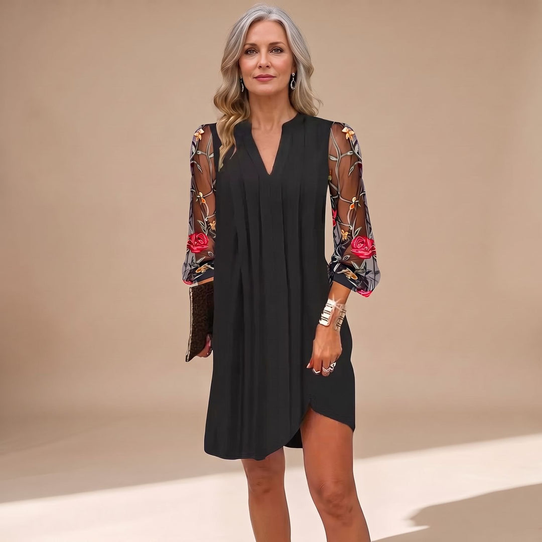Women's Black Embroidered Mesh-Sleeve V-Neck Christmas Party Dress