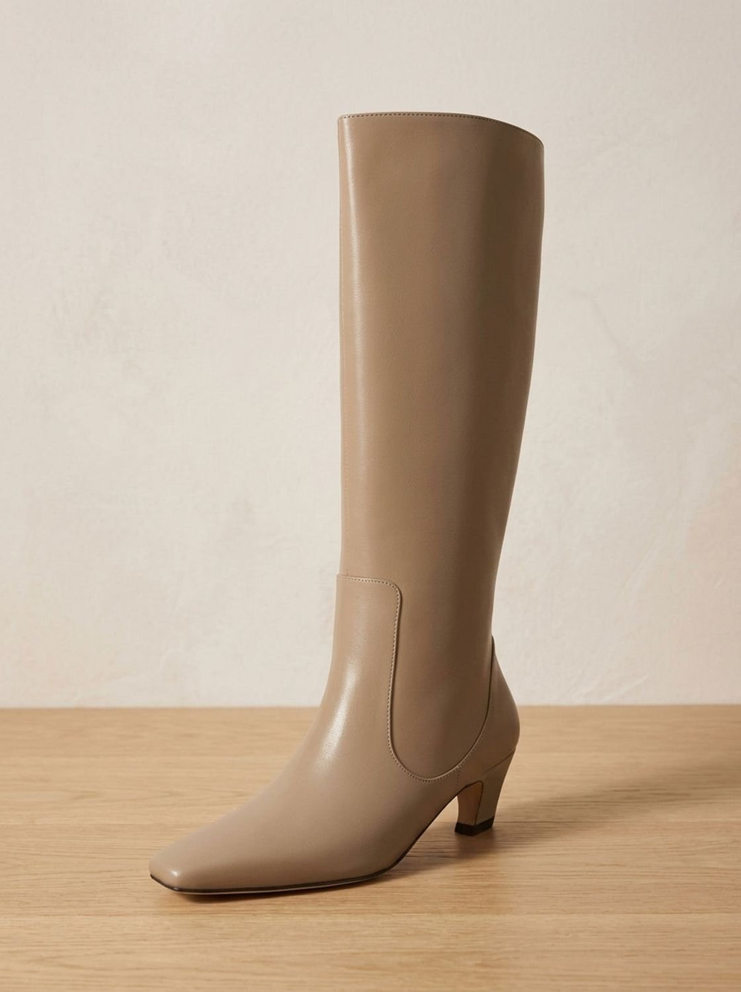 Women's Black Knee High Boots Square-Toe Low Kitten Heel - Khaki