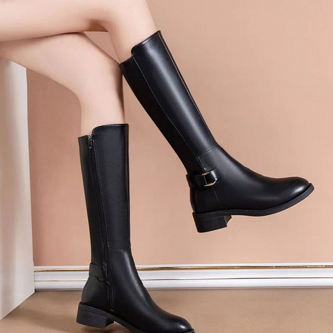 Women's Black Knee-High Leather Boots Buckle Detail - Black