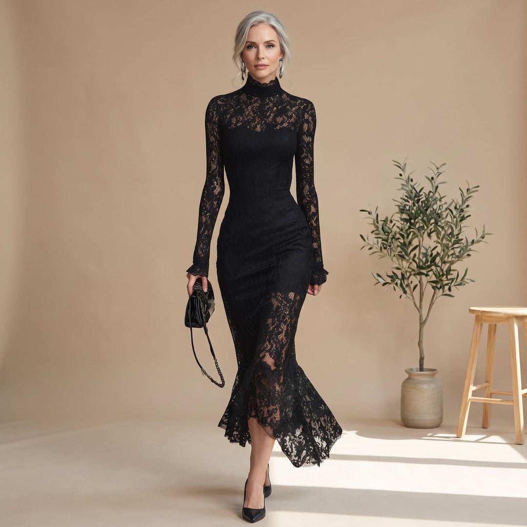 Women's Black Lace Long-Sleeve Mermaid Christmas Party Dress