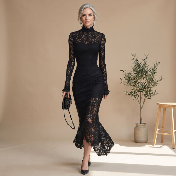 Women's Black Lace Long-Sleeve Mermaid Christmas Party Dress