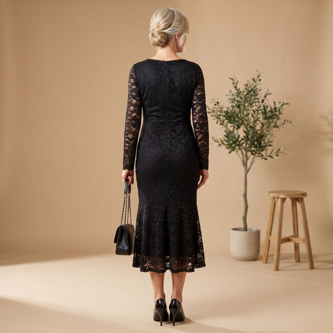 Women's Black Lace Long-Sleeve Mermaid Christmas Party Dress