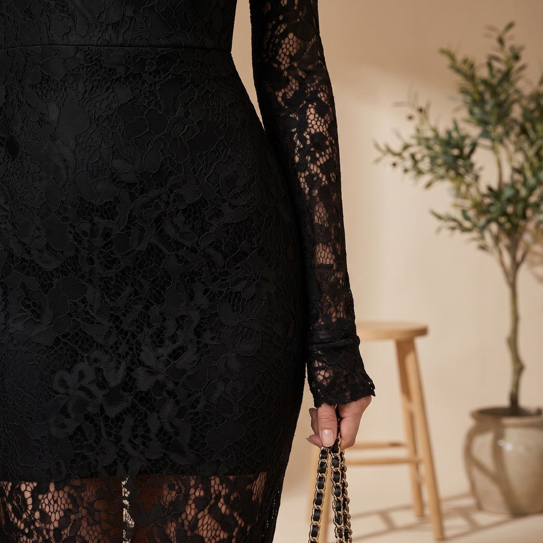 Women's Black Lace Long-Sleeve Mermaid Christmas Party Dress