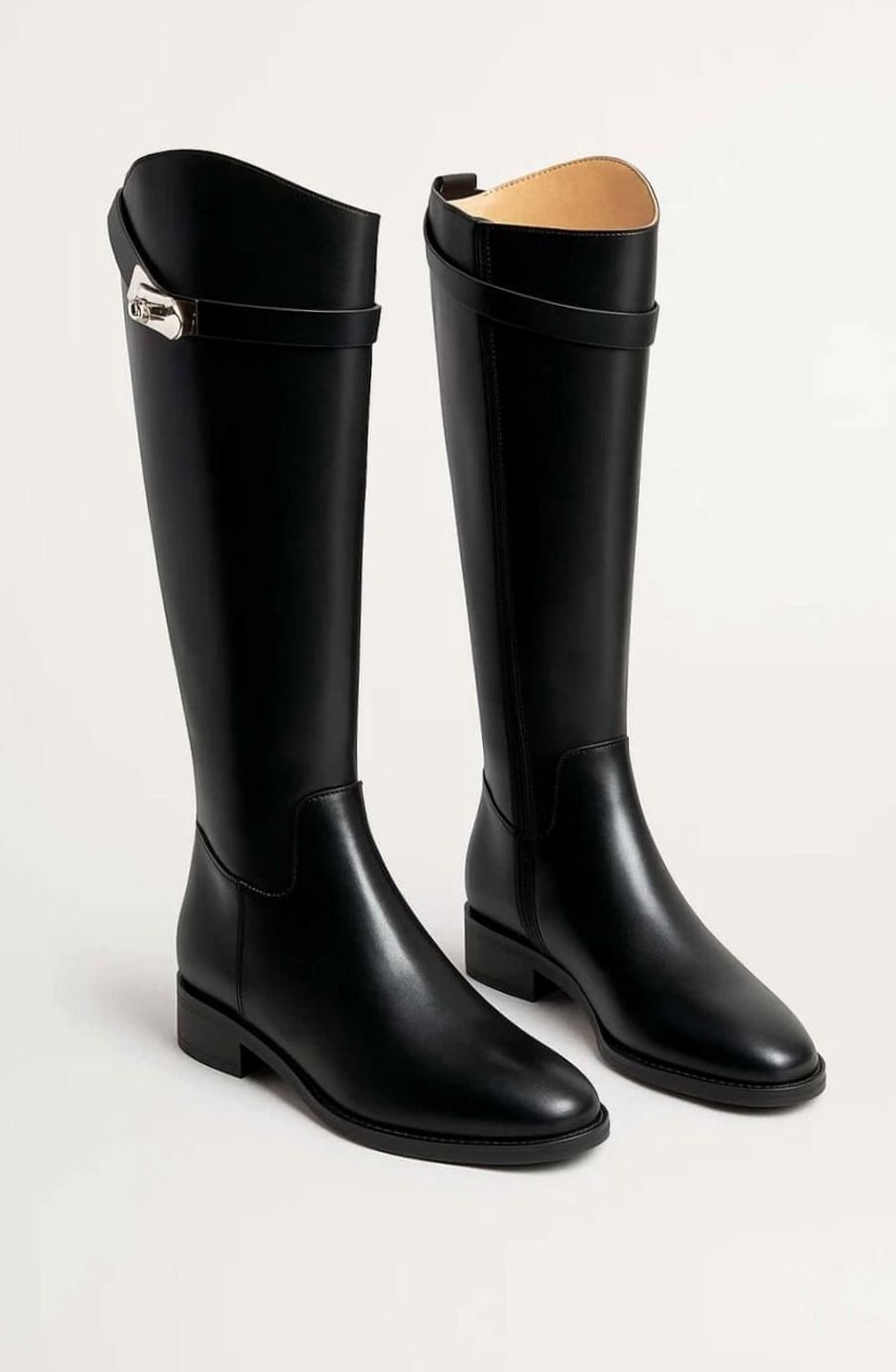 Women's Black Leather-Look Buckle-Detail Knee High Boots - Black