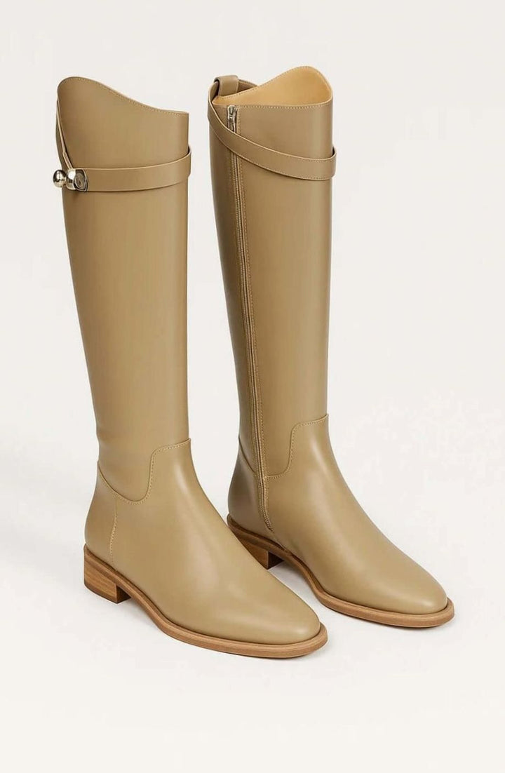 Women's Black Leather-Look Buckle-Detail Knee High Boots - Beige