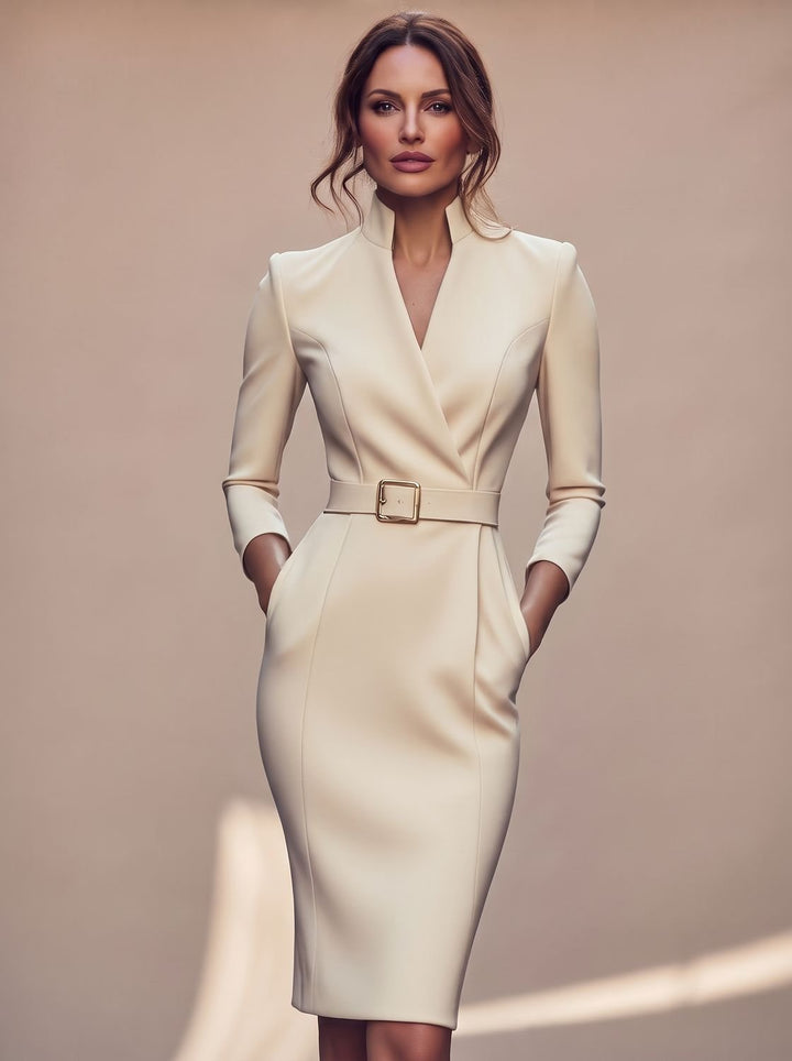Women's Black Midi Dress V-Neck Belted Pencil Long-Sleeve - Apricot