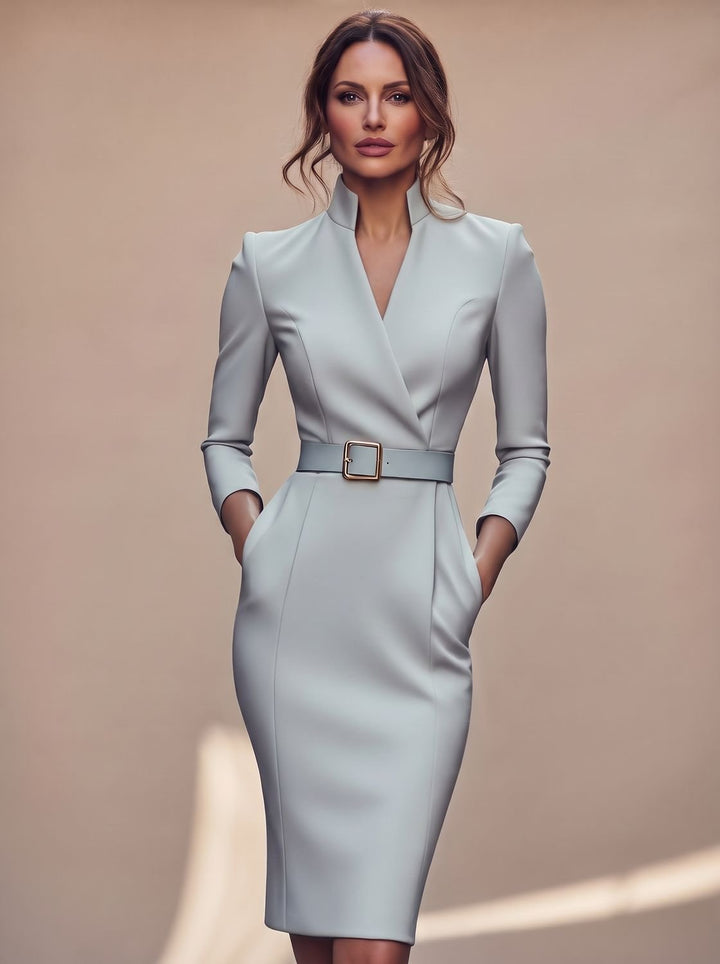 Women's Black Midi Dress V-Neck Belted Pencil Long-Sleeve - Grey