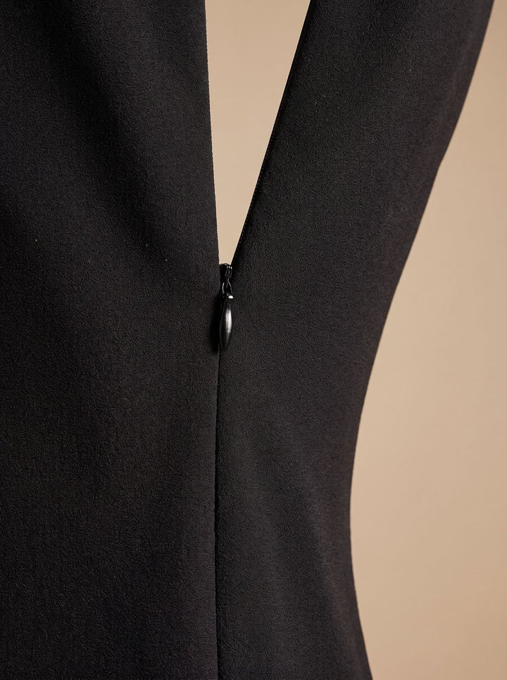 Women's Black Midi Dress V-Neck Belted Pencil Long-Sleeve