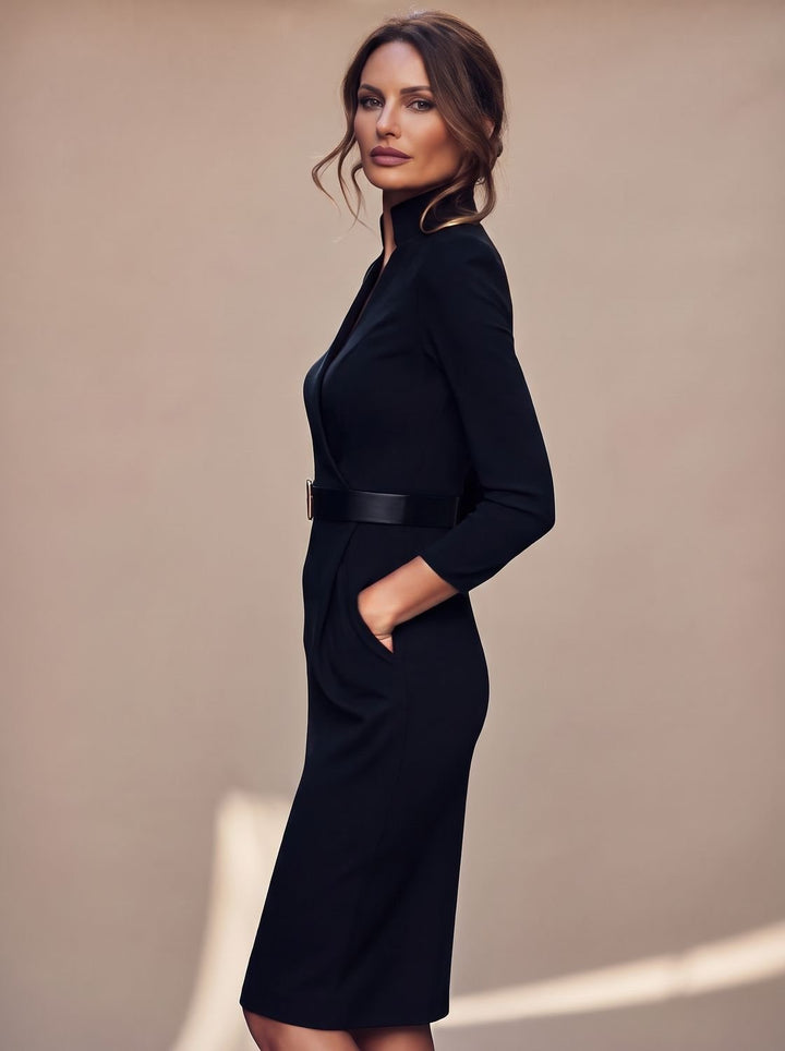 Women's Black Midi Dress V-Neck Belted Pencil Long-Sleeve