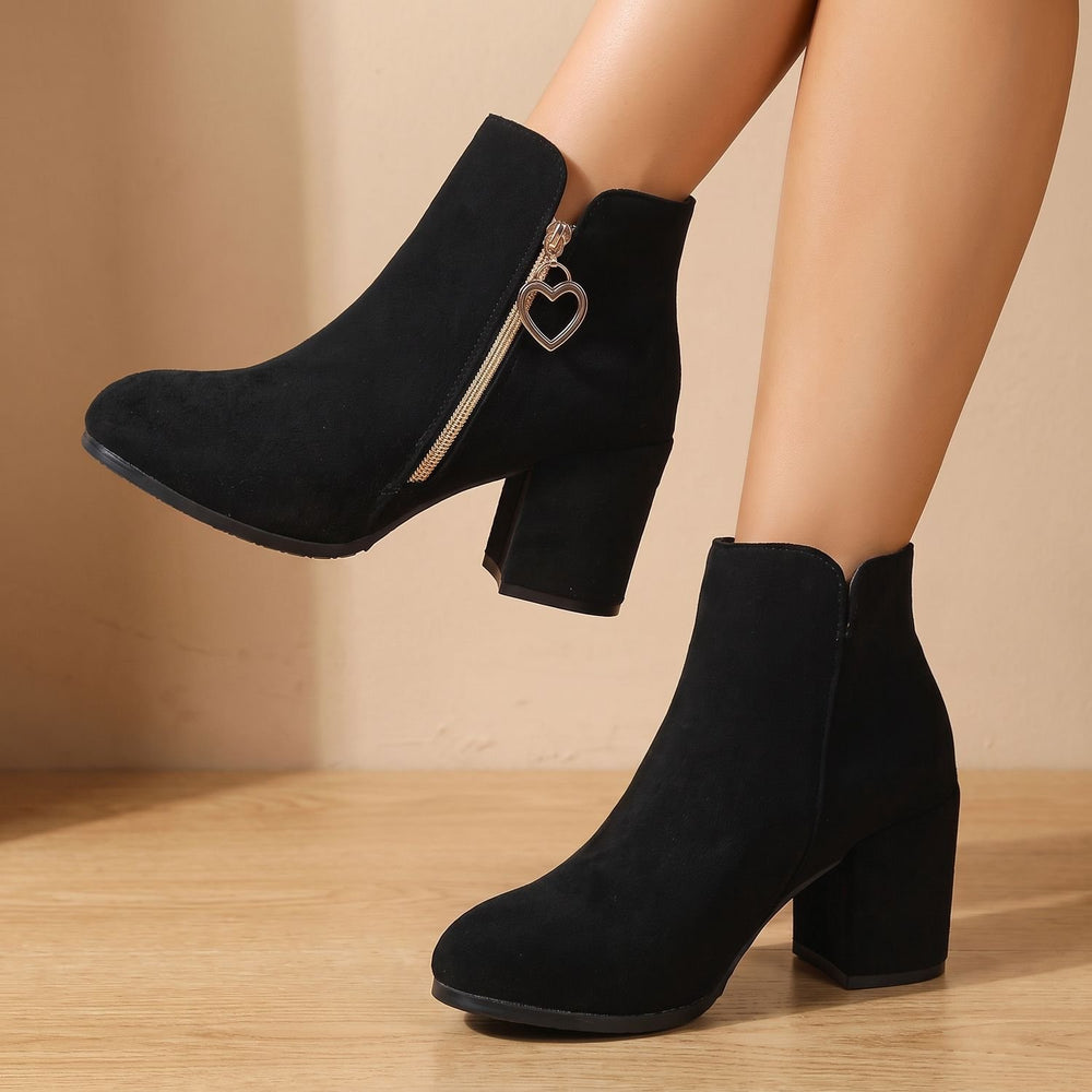 Women's Black Suede Block Heel Ankle Boots Heart-Charm Zipper