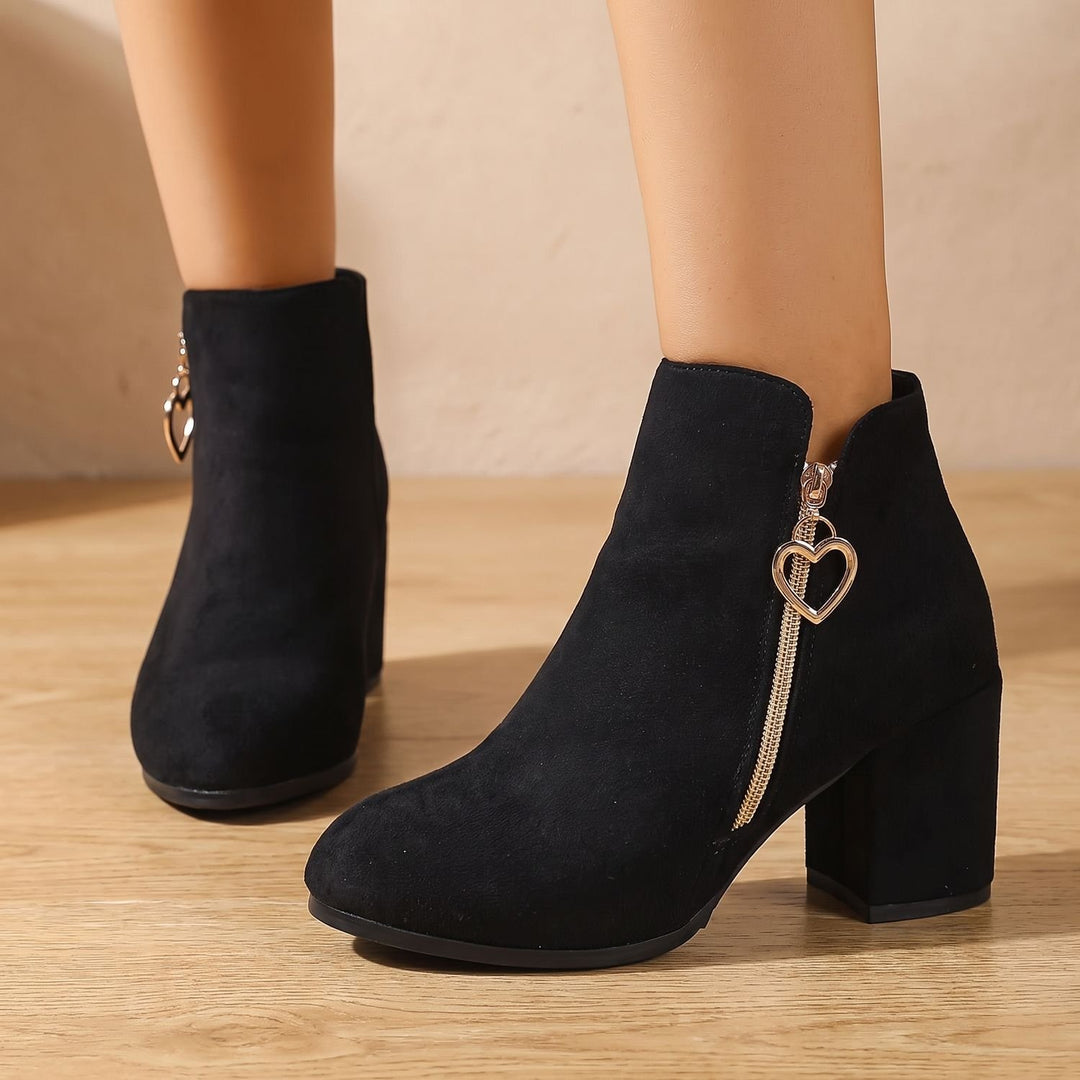 Women's Black Suede Block Heel Ankle Boots Heart-Charm Zipper