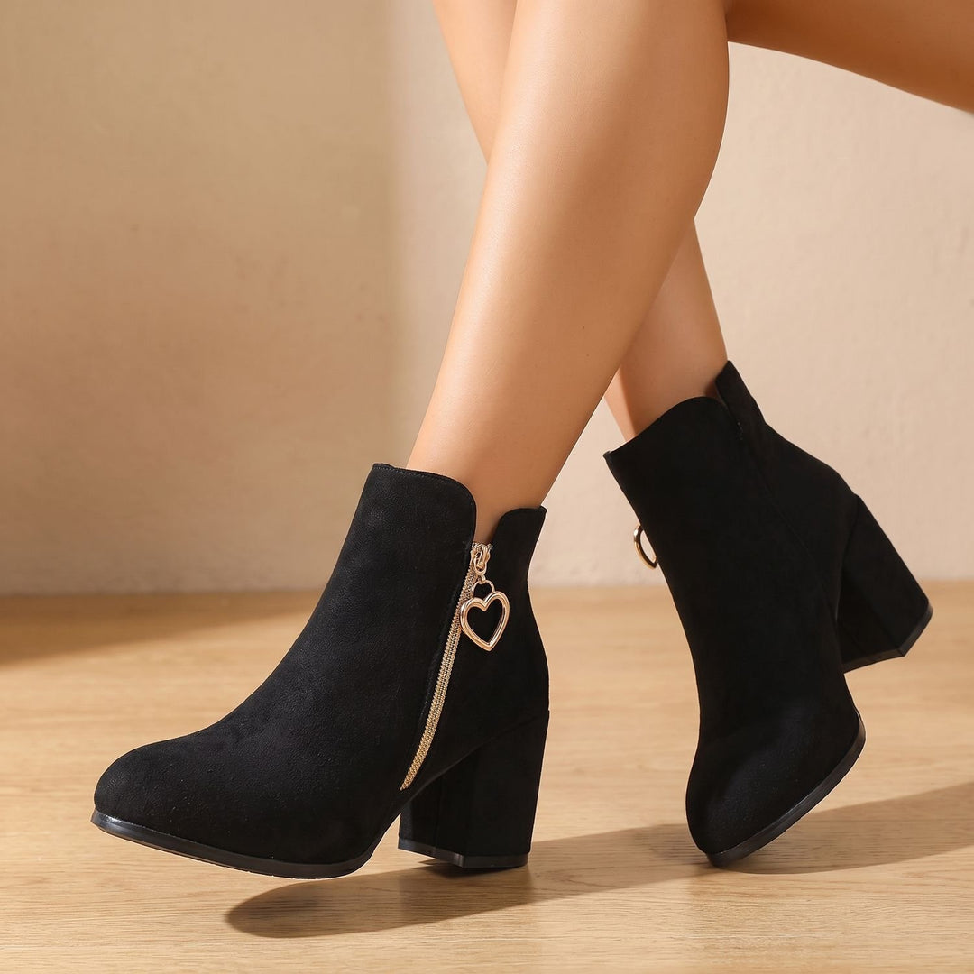Women's Black Suede Block Heel Ankle Boots Heart-Charm Zipper