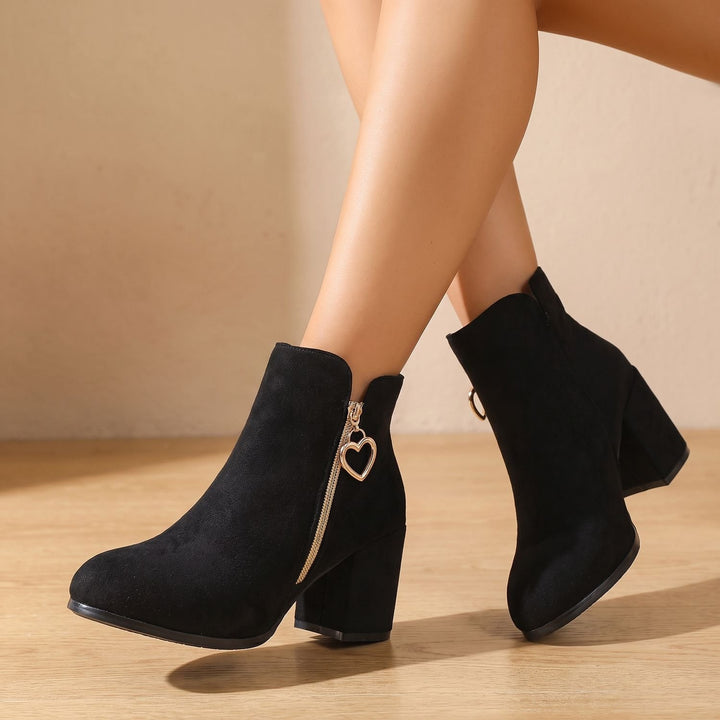 Women's Black Suede Block Heel Ankle Boots Heart-Charm Zipper