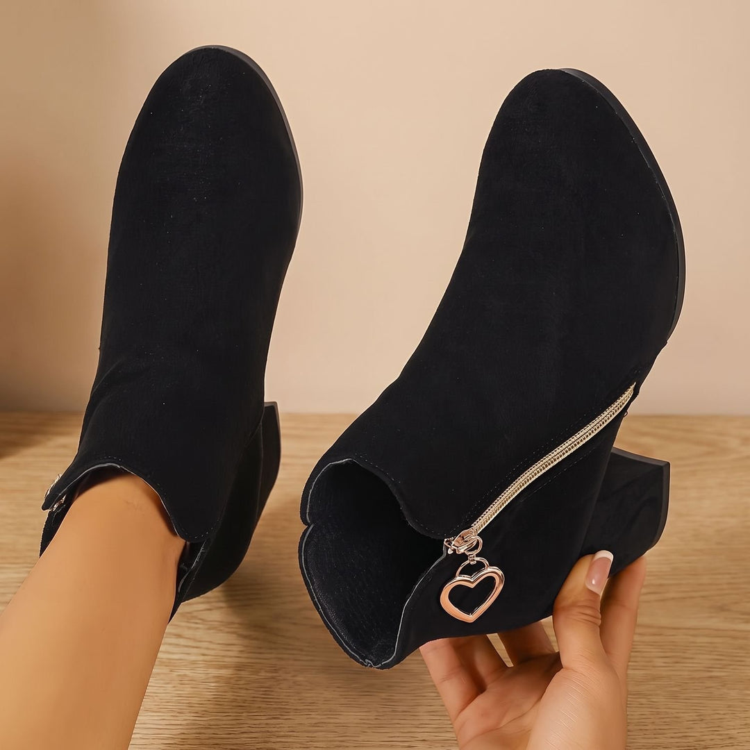 Women's Black Suede Block Heel Ankle Boots Heart-Charm Zipper
