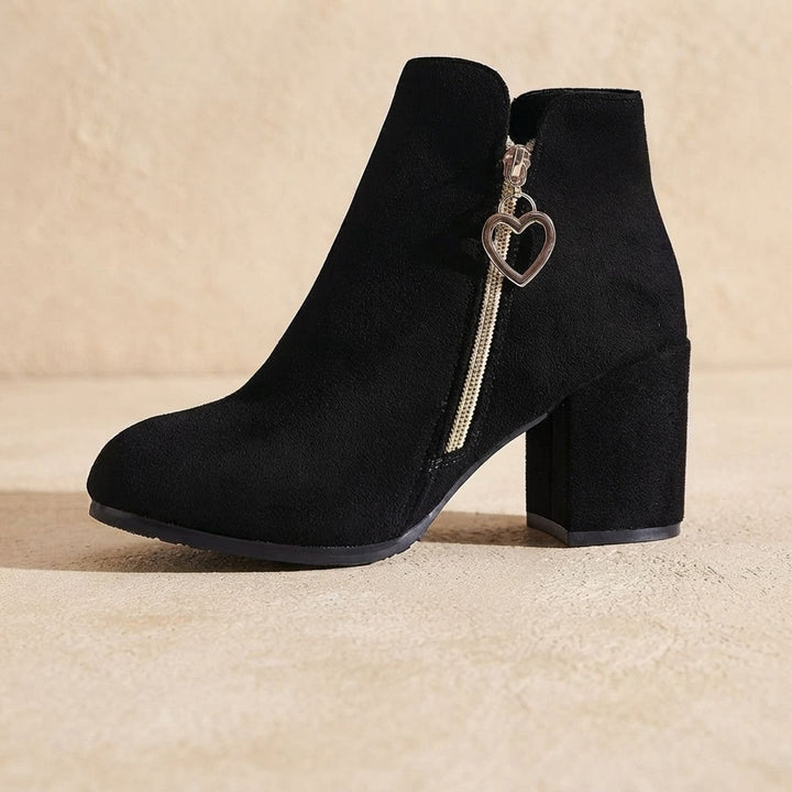 Women's Black Suede Block Heel Ankle Boots Heart-Charm Zipper