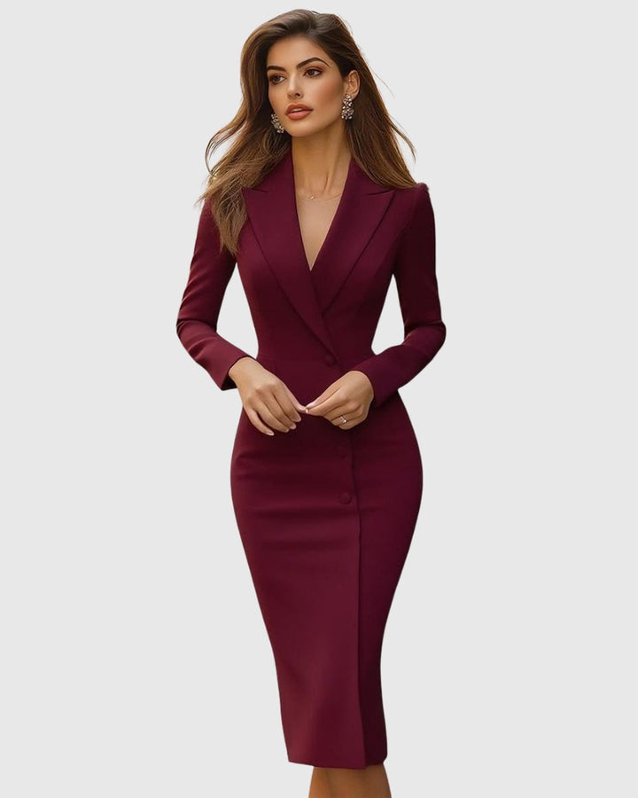 Women's Blazer-Style Tailored Long Sleeve Midi Dress