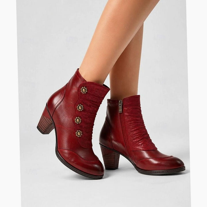 Women's Block Heel Ankle Boots Floral Button Side Zip