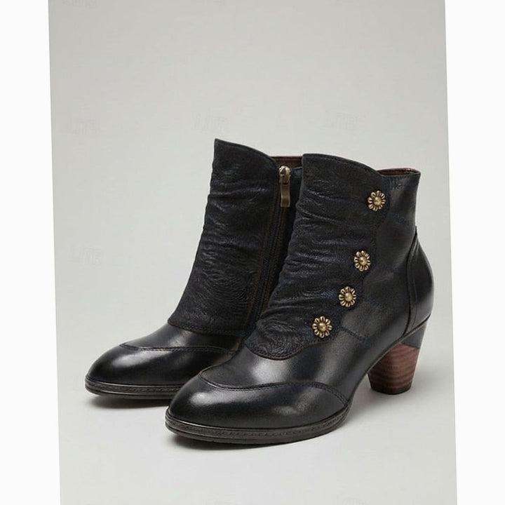 Women's Block Heel Ankle Boots Floral Button Side Zip - Black