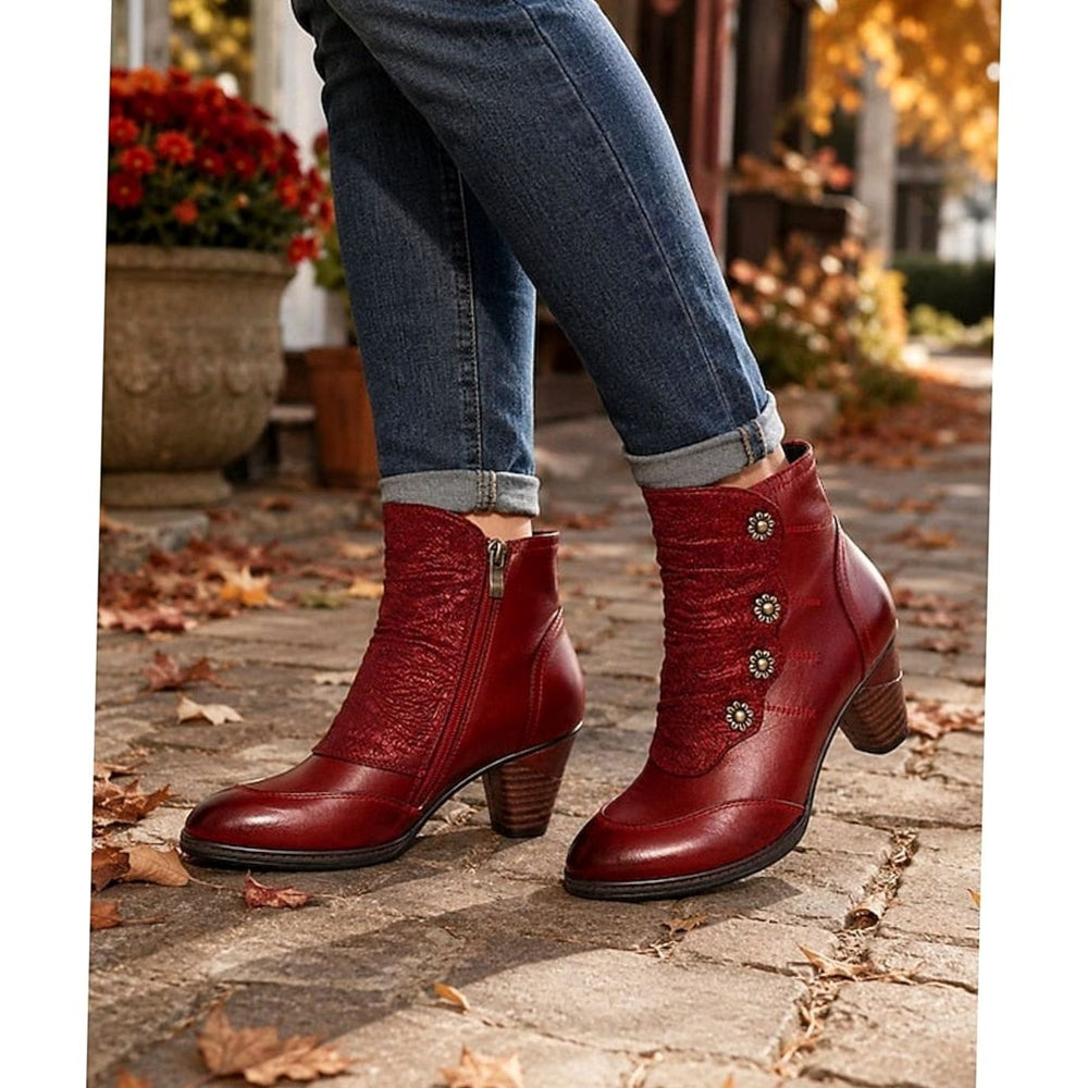 Women's Block Heel Ankle Boots Floral Button Side Zip