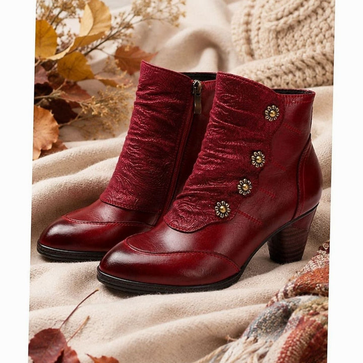 Women's Block Heel Ankle Boots Floral Button Side Zip