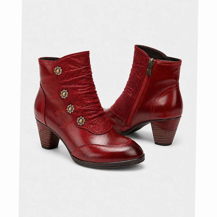Women's Block Heel Ankle Boots Floral Button Side Zip