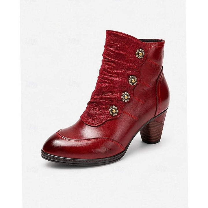 Women's Block Heel Ankle Boots Floral Button Side Zip