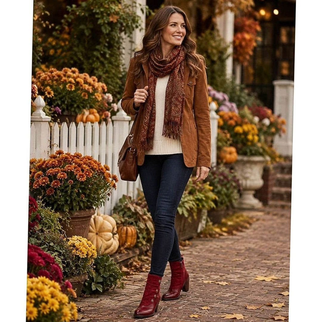 Women's Block Heel Ankle Boots Floral Button Side Zip