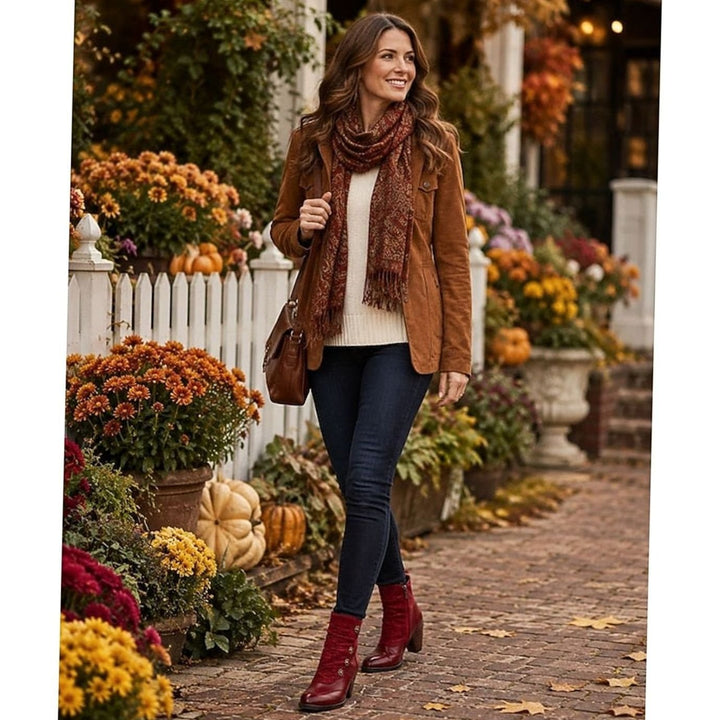 Women's Block Heel Ankle Boots Floral Button Side Zip