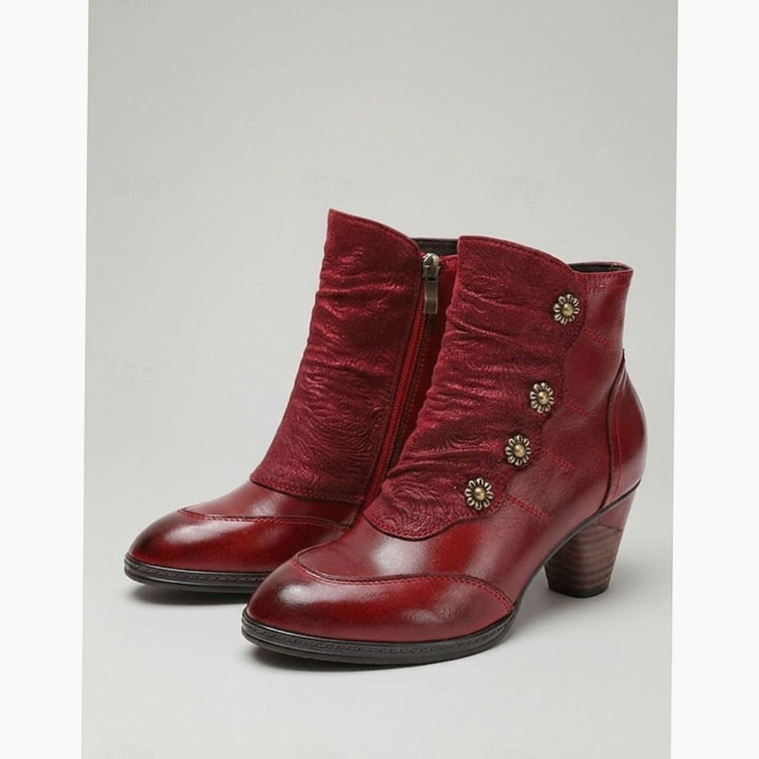 Women's Block Heel Ankle Boots Floral Button Side Zip - Wine