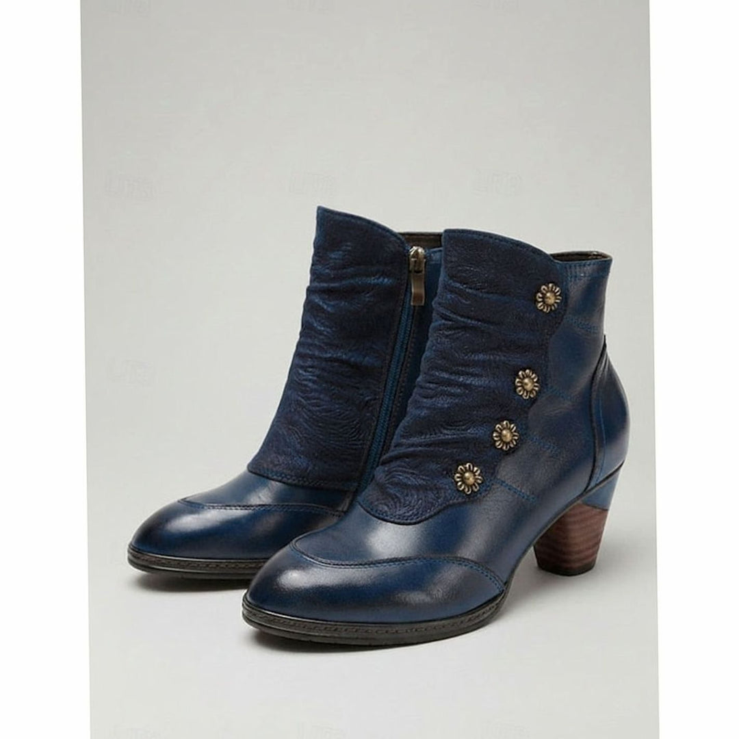 Women's Block Heel Ankle Boots Floral Button Side Zip - Blue