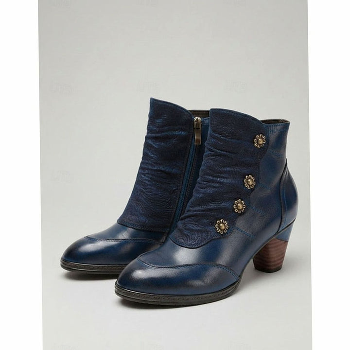Women's Block Heel Ankle Boots Floral Button Side Zip - Blue