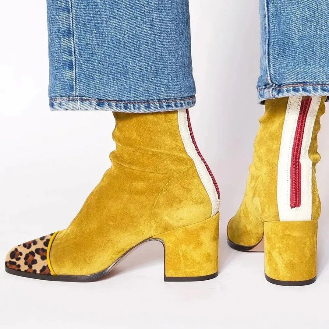 Women's Block-Heel Suede Leopard-Toe Ankle Boots - Yellow