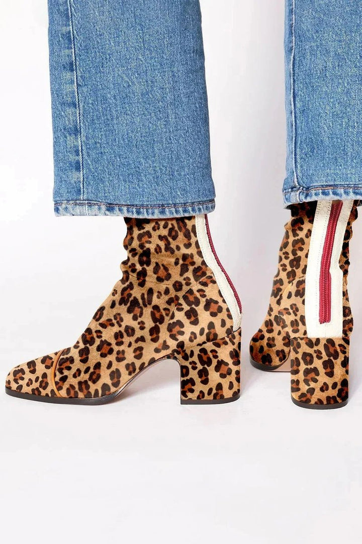 Women's Block-Heel Suede Leopard-Toe Ankle Boots - Leopard Print
