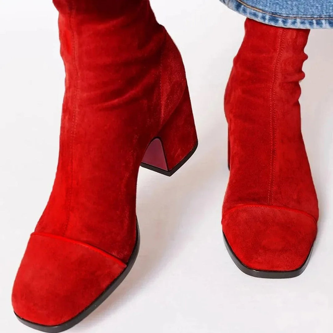 Women's Block-Heel Suede Leopard-Toe Ankle Boots - Red