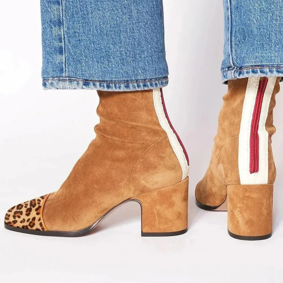 Women's Block-Heel Suede Leopard-Toe Ankle Boots - Brown