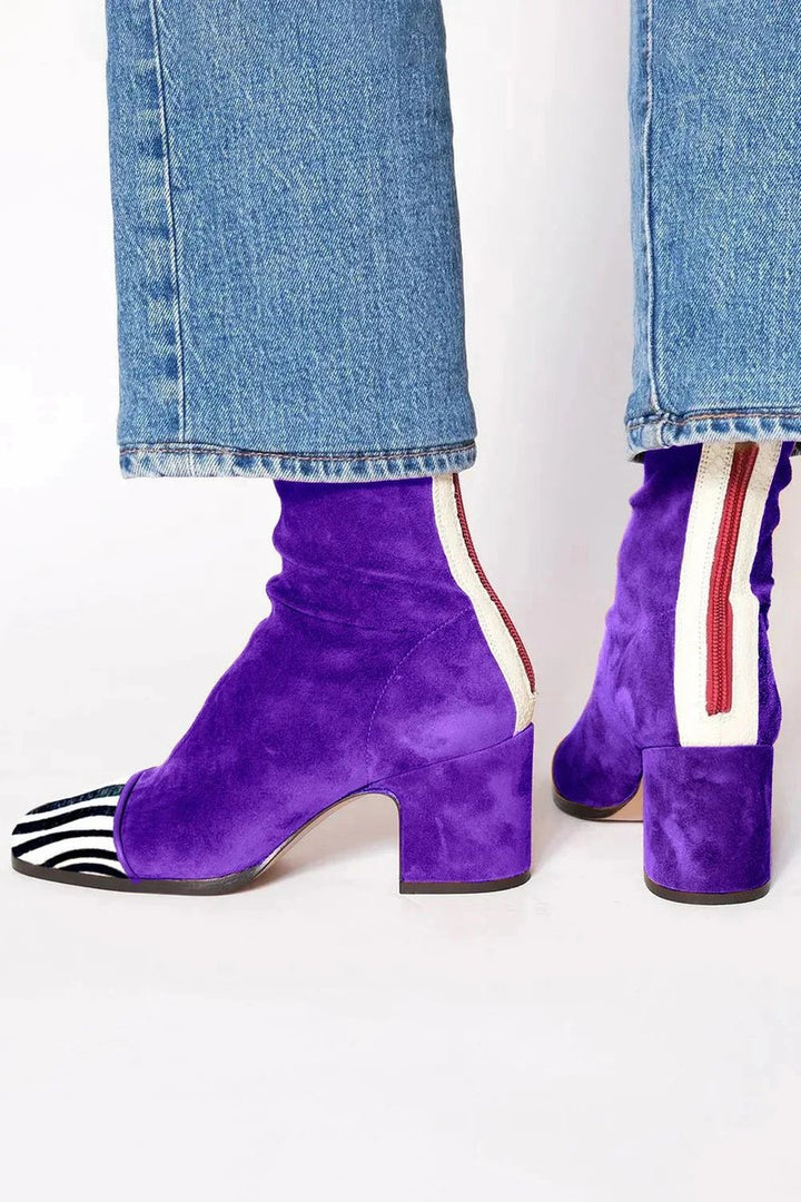 Women's Block-Heel Suede Leopard-Toe Ankle Boots - Purple