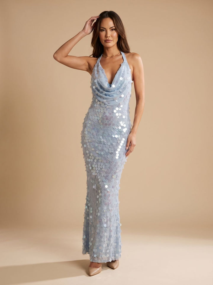 Women's Blue Halter Cowl-Neck Sequin Maxi Dress - Blue