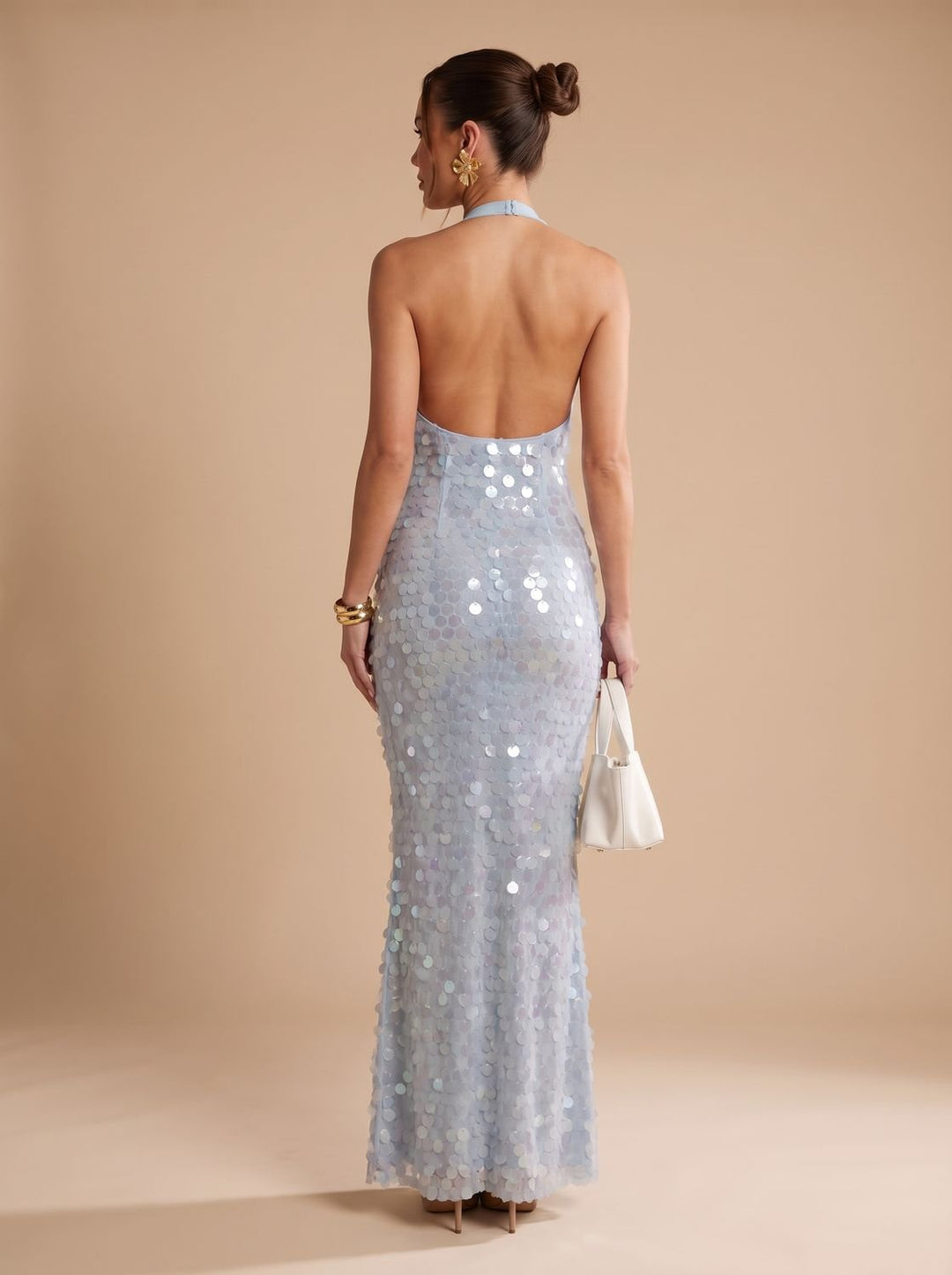 Women's Blue Halter Cowl-Neck Sequin Maxi Dress