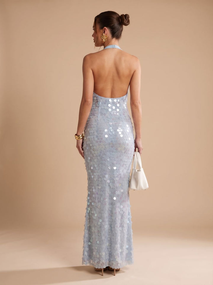 Women's Blue Halter Cowl-Neck Sequin Maxi Dress