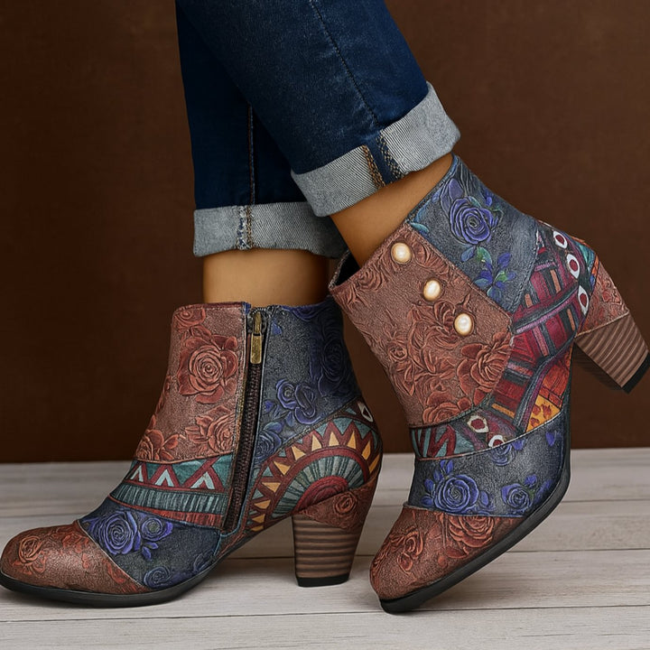 Women's Bohemian Floral Embossed Block-Heel Ankle Boots - Gray