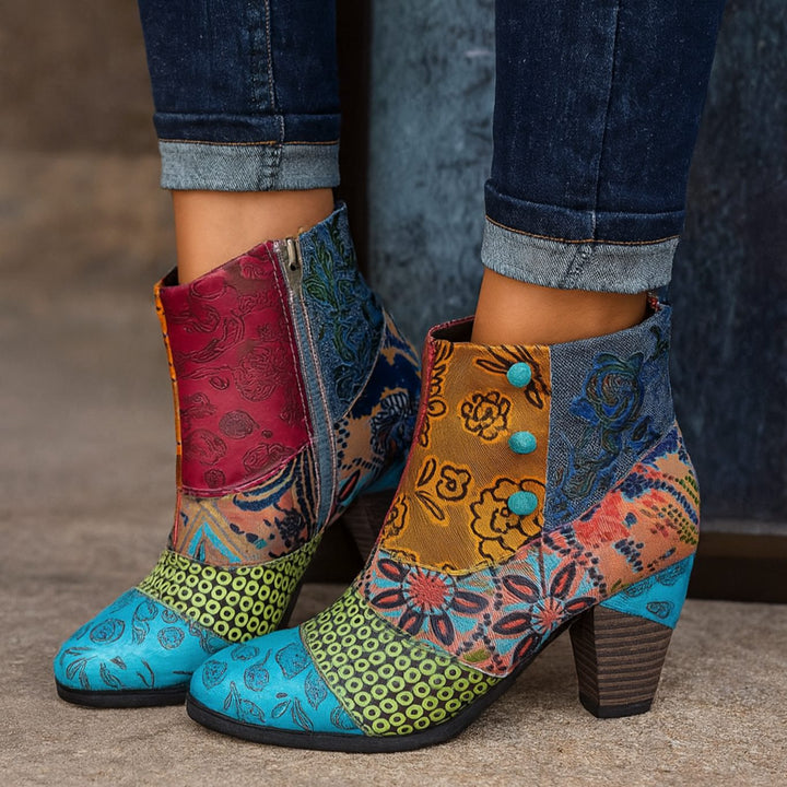 Women's Bohemian Floral Embossed Block-Heel Ankle Boots - Blue