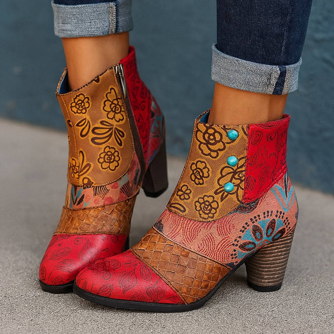 Women's Bohemian Floral Embossed Block-Heel Ankle Boots - Red