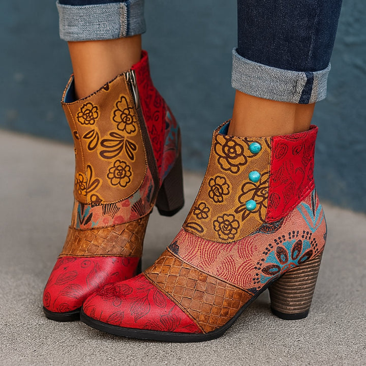 Women's Bohemian Floral Embossed Block-Heel Ankle Boots - Red