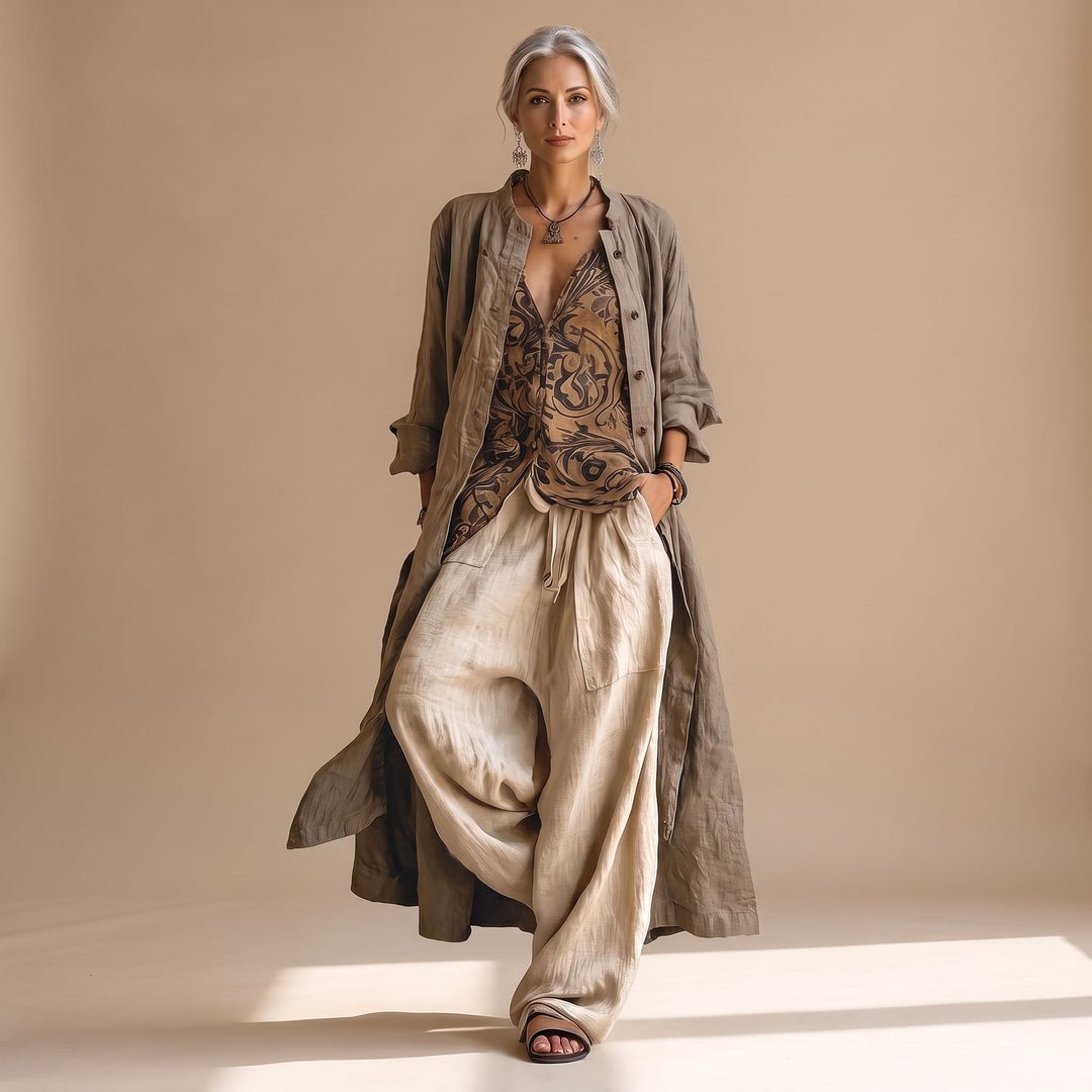Women's Bohemian Linen Two Piece Set Wide-Leg Pants Tunic