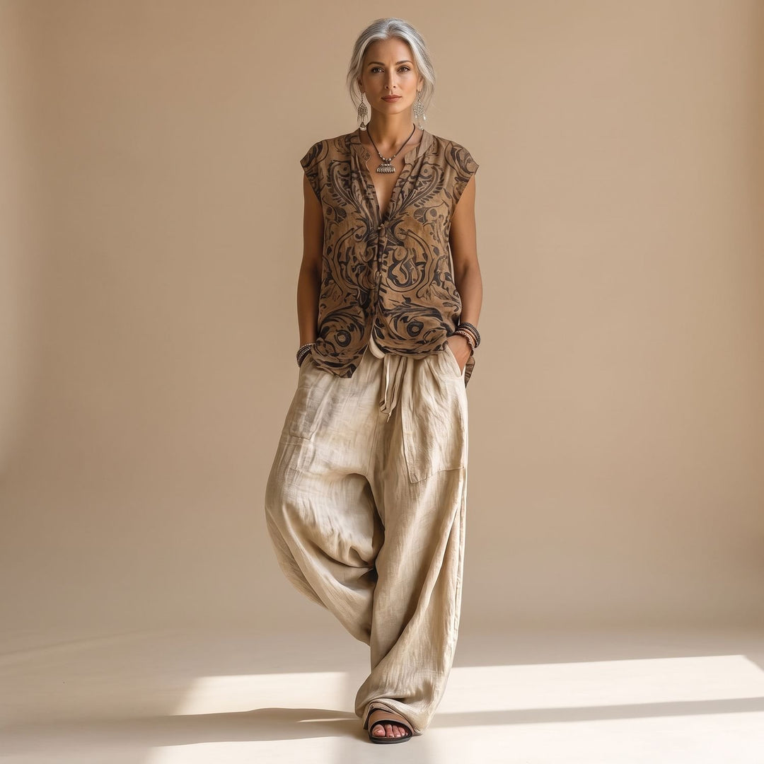 Women's Bohemian Linen Two Piece Set Wide-Leg Pants Tunic