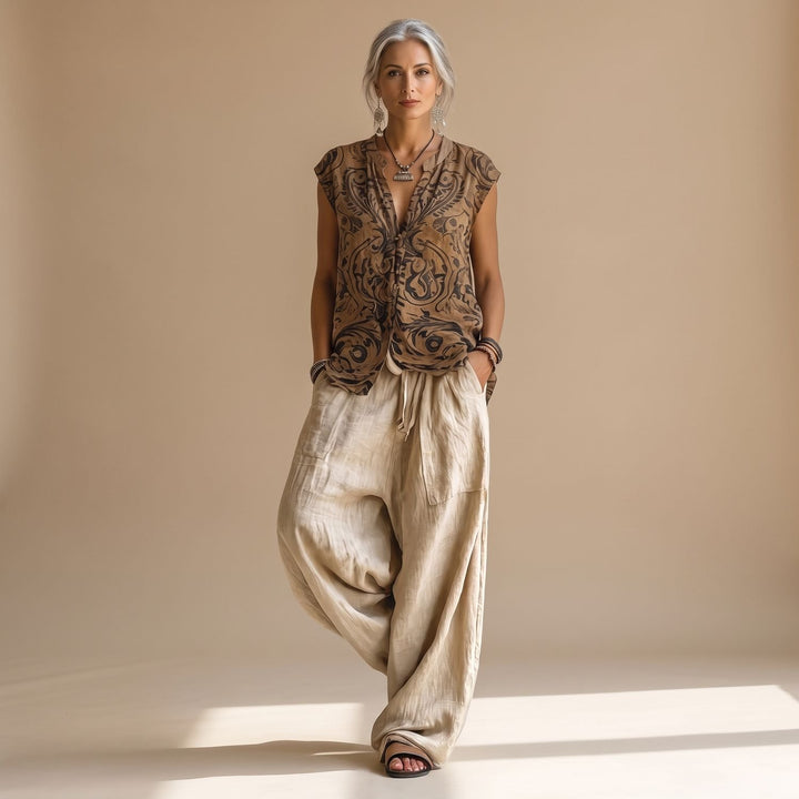 Women's Bohemian Linen Two Piece Set Wide-Leg Pants Tunic