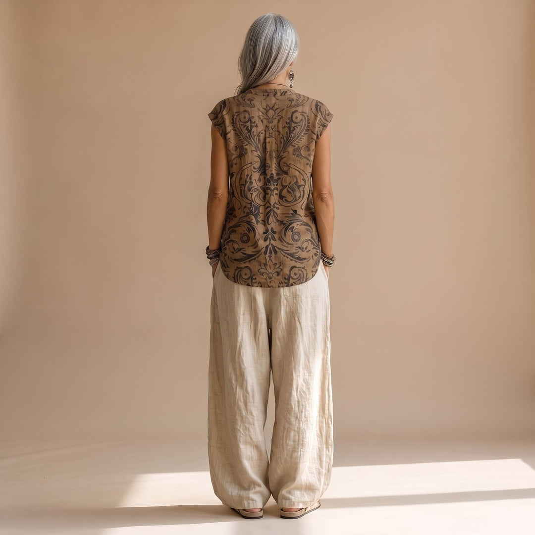 Women's Bohemian Linen Two Piece Set Wide-Leg Pants Tunic