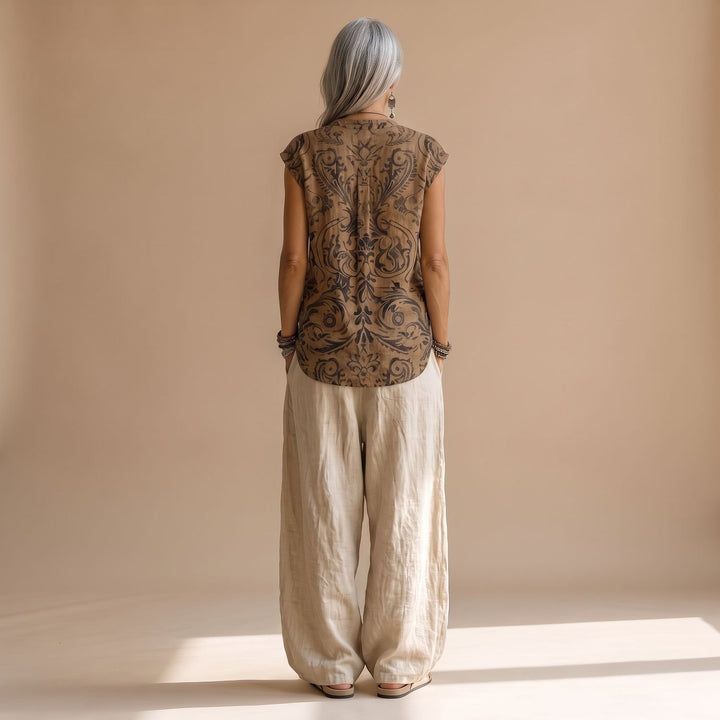Women's Bohemian Linen Two Piece Set Wide-Leg Pants Tunic