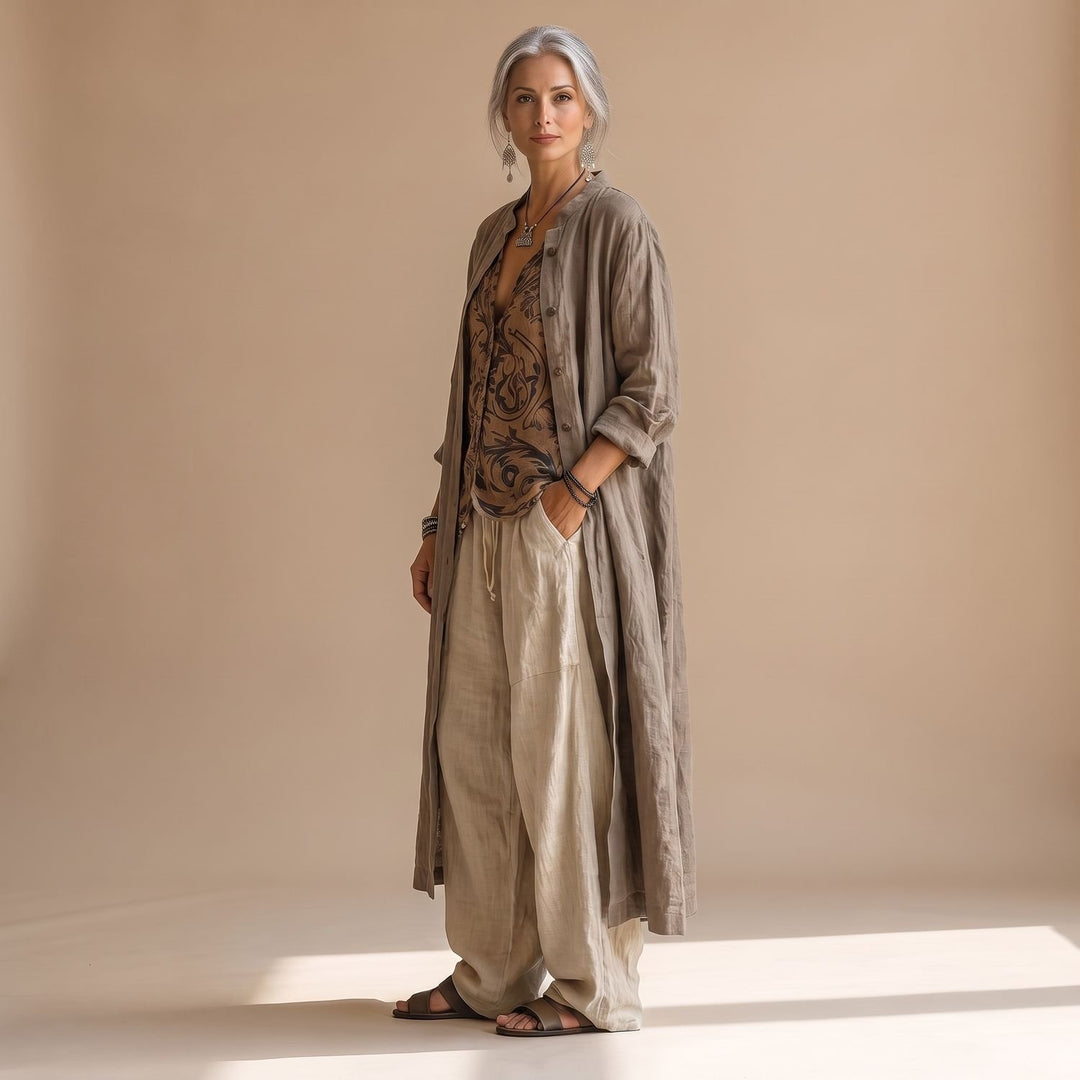 Women's Bohemian Linen Two Piece Set Wide-Leg Pants Tunic